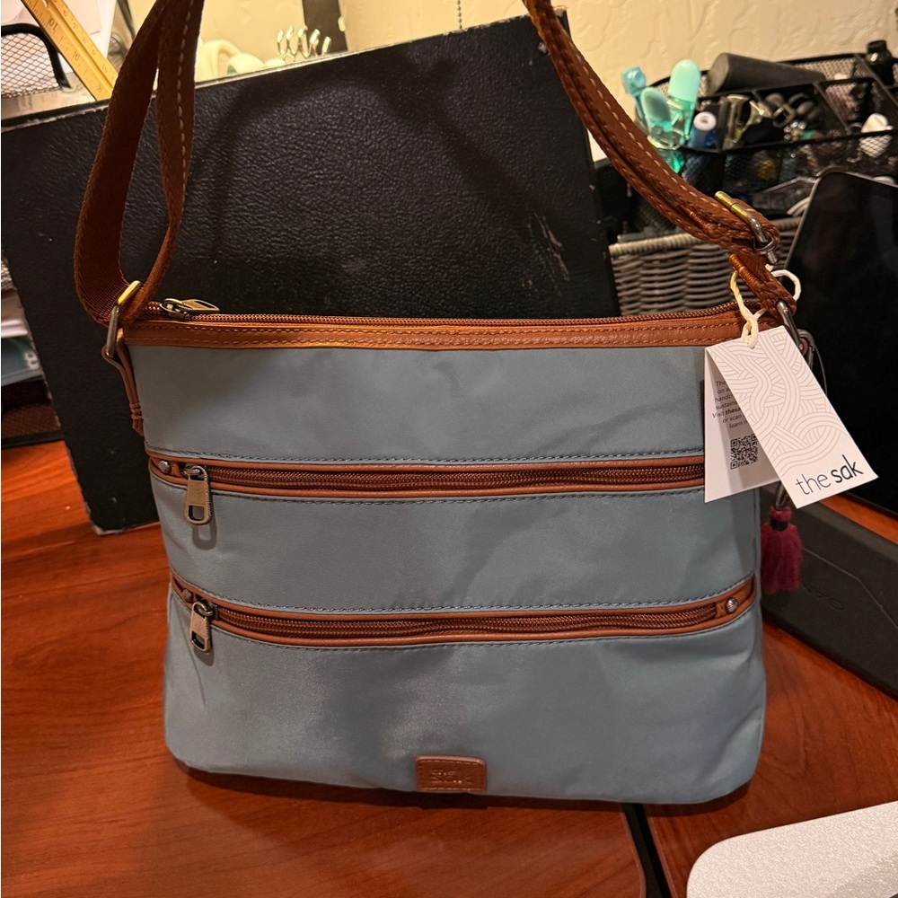 NWT The Sak Light Blue Nylon Crossbody with Brown Trim